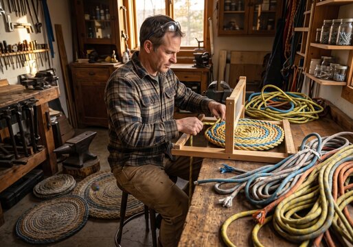 A man inside a wooden workshop is weaving a rope craft at the workbench.