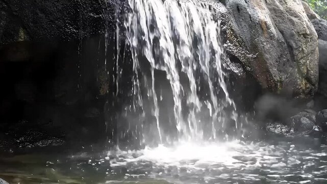 Waterfall cascades over dark rocks into a serene forest pool.