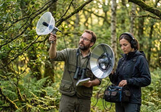 Scientists record wildlife audio with parabolic microphones in a green forest.
