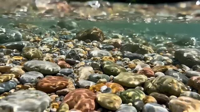 Pebbles rest underwater in a clear and shallow river stream.