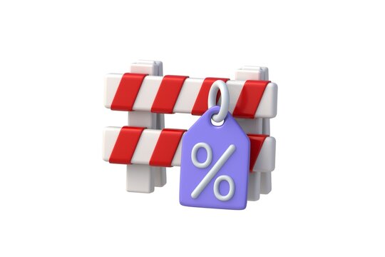 Economic barriers. Purchasing power restrictions. Stop price. Temporary suspension of promotional offers. Financial deadlock concept. Obstacle beside price tag isolated on white background. 3d render