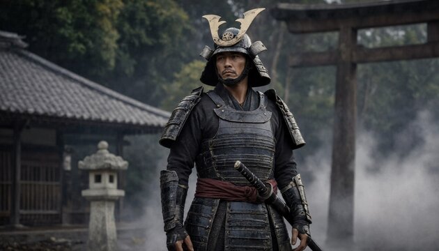 A samurai warrior wearing traditional dark armor holds a sword outside an ancient temple gate.