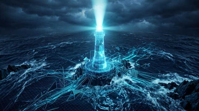 Dramatic digital rendering of a futuristic lighthouse beaming a bright light across a stormy ocean with glowing wireframe details