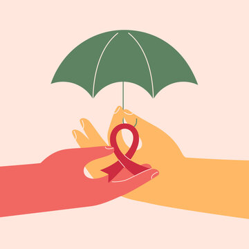Two hands hold small pink ribbon and protect it by umbrella. Care and support about females fighting breast cancer and oncological disease. Vector illustration