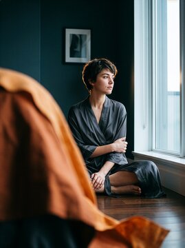Thoughtful Young Woman in Silk Robe Sitting on Floor by Window Looking Out