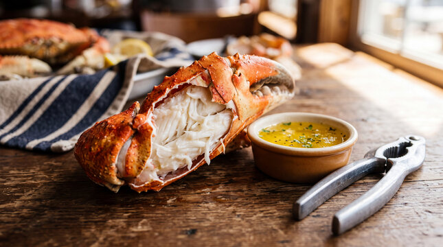 Cracked crab served with dipping sauce and tools on rustic wooden table, seafood feast food photography