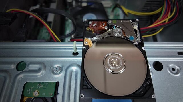 A close-up shot of the internal hard disk rotating to save data, connected via a high-speed port.