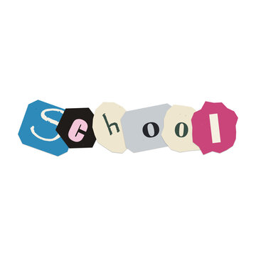 The word school created with colorful ransom note style paper cut out letters isolated on transparent background