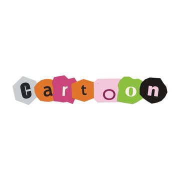 The word cartoon written in a ransom note style with colorful paper cutouts isolated on transparent background