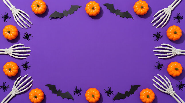 Halloween skeleton hands pumpkins and bats on purple background