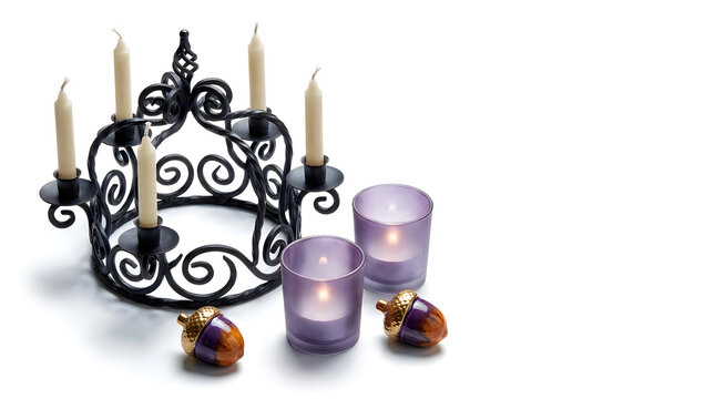 Hanukkah menorah with five white candles, purple tea lights and decorative acorns. Jewish holiday candelabra symbol, festive table setting. isolated on White Background Halloween