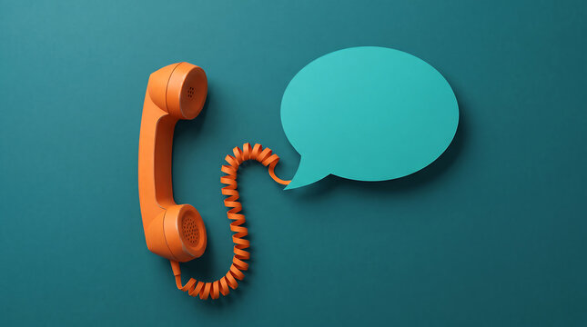 Orange telephone handset and speech bubble on teal background representing communication and customer service concepts in a minimalist style