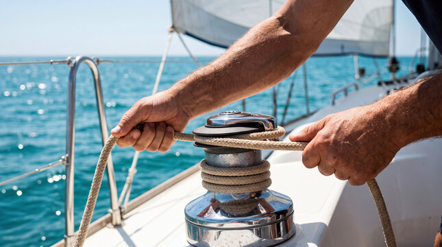 Sailmaker stitching canvas during sailboat maintenance