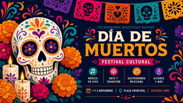 Vibrant Dia de Muertos festival poster featuring a decorated sugar skull, marigolds, candles, and papel picado banners celebrating Mexican culture and heritage.