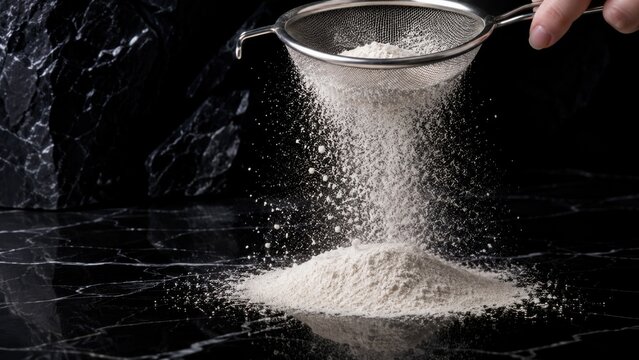 Sifting fine white protein powder onto dark stone surface