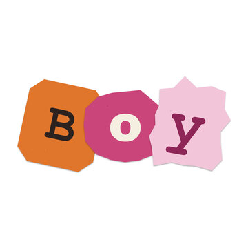 A colorful ransom note style collage spelling the word boy with cut out paper letters isolated on transparent background