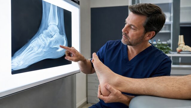 Podiatrist pointing to heel spur on foot X-ray