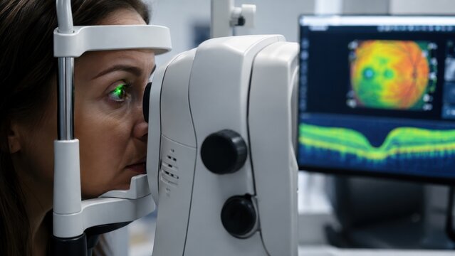 Patient receiving OCT retinal scan at ophthalmology clinic