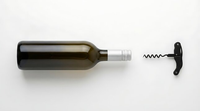 Wine Bottle and Corkscrew on White