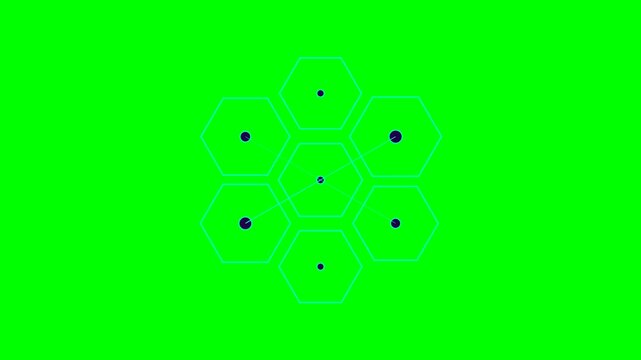 A geometric cluster of seven connected hexagons on a bright green background