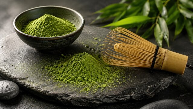 Vibrant green matcha powder with bamboo whisk on basalt stone