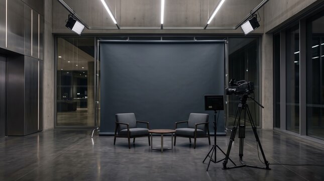 Modern Professional Video Production Studio Set for Interviews with Armchairs, Camera and Lighting