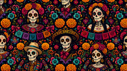 Obraz premium Vibrant and intricate pattern of calaveras and flowers for Day of the Dead celebration, showcasing rich Mexican cultural artistry.