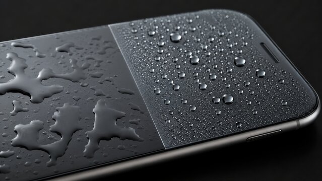Hydrophobic smartphone screen protector with water droplets