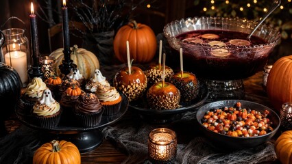 Naklejka premium Halloween party dessert table spread with cupcakes and punch
