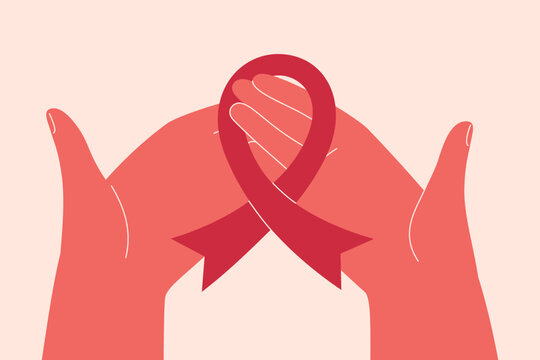 Two hands hold red ribbon. Breast cancer awareness concept with human arms caring pink ribbon. Aids symbol. Medical vector illustration.