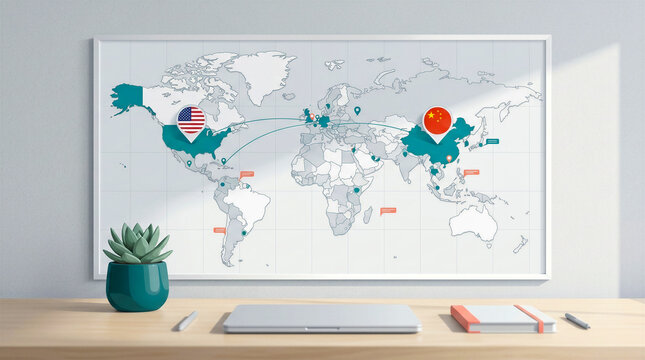 World map showing trade routes between USA and China, framed on wall above wooden desk with laptop notebook and succulent plant, modern office setting, global business, international trade, ecom