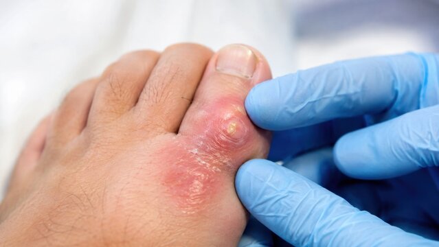 Medical examination of inflamed big toe with gout tophus