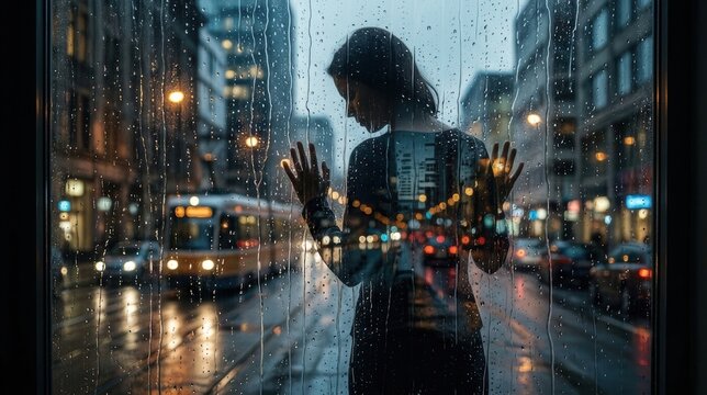 A young woman stands by the window watching the rain fall over the city at night.