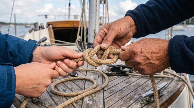 Instructor teaching nautical knot tying on sailboat