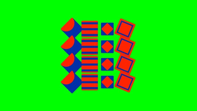 Abstract geometric pattern featuring red and blue shapes on green background