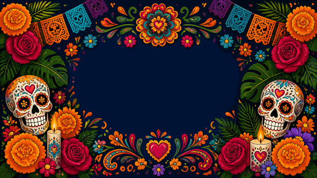 Vibrant Day of the Dead celebration with sugar skulls, marigolds, candles, and papel picado banners on a dark blue background.