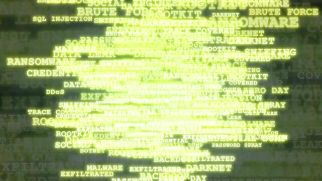 Abstract digital data stream with cybersecurity terms and hacking keywords flowing across a dark screen