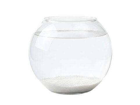 Empty round glass fish bowl with white sand at the bottom isolated on transparent background