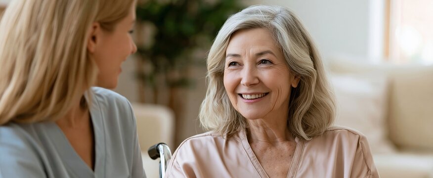 A joyful elderly woman in a wheelchair enjoys a heartfelt conversation with a caring companion in a sunlit, inviting room.