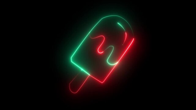 glowing neon Melting ice cream popsicle icon isolated on black background, representing frozen ice cream on stick. Motion Graphic concept.4k video animation.