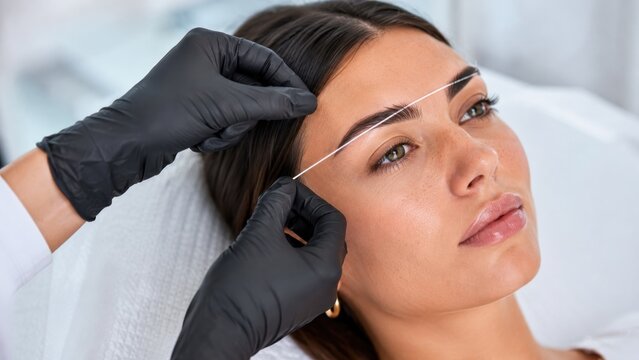 Professional eyebrow mapping with thread in beauty salon