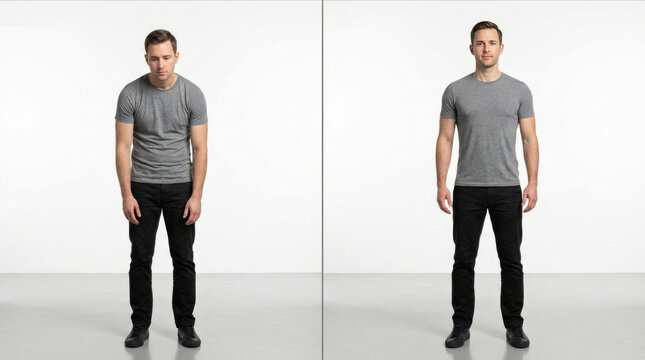 Before and after posture correction split screen comparison of man poor slouched vs good straight stance full length