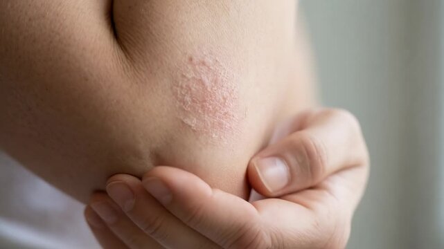 Hand examining irritated eczema patch on elbow with soft natural lighting and neutral background. 
