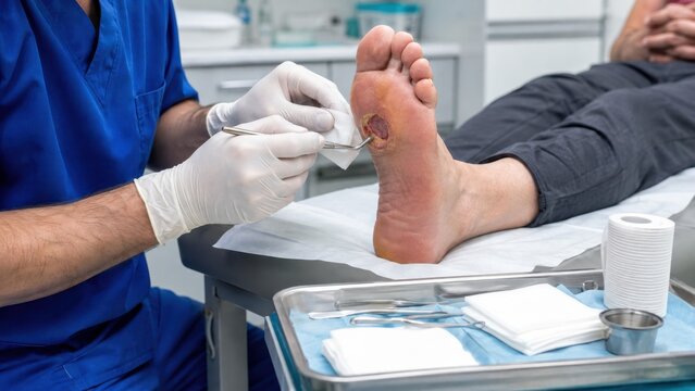Clinician treating diabetic foot ulcer on patient's sole