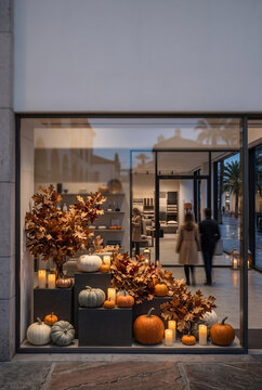 Autumn-themed retail window display featuring pumpkins, decorative leaves, and candles, inviting shoppers with seasonal decor and warm lighting in a modern store setting