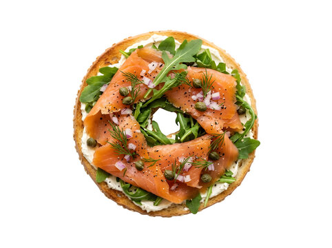 Top view of a fresh smoked salmon bagel isolated on transparent background