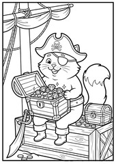 Naklejka premium A happy pirate cat discovers a treasure chest full of simple treasures.