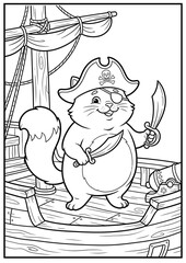 Naklejka premium A cheerful chubby cat captain proudly standing on the deck of a pirate ship.