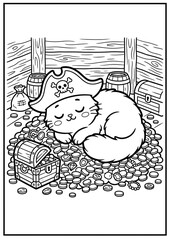 Naklejka premium A sleepy pirate cat takes a cozy nap on its treasure.