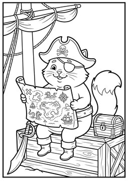 A curious pirate cat discovers a mysterious treasure map.